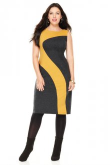 Стильное желто-серое деловое платье для полных женщин